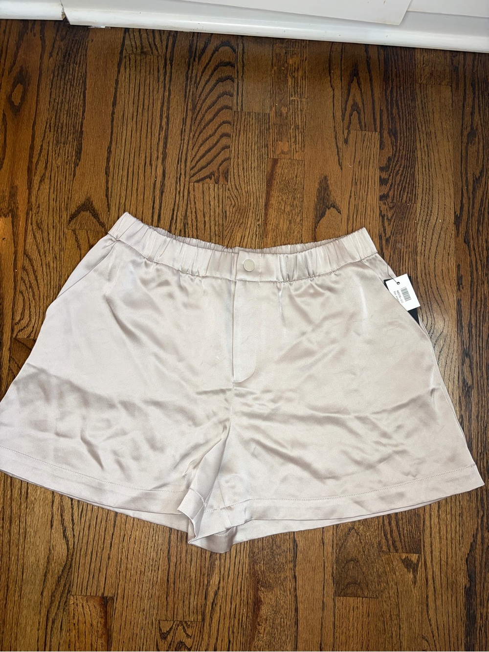 Varley Silver Grey High-Waist Satin Shorts